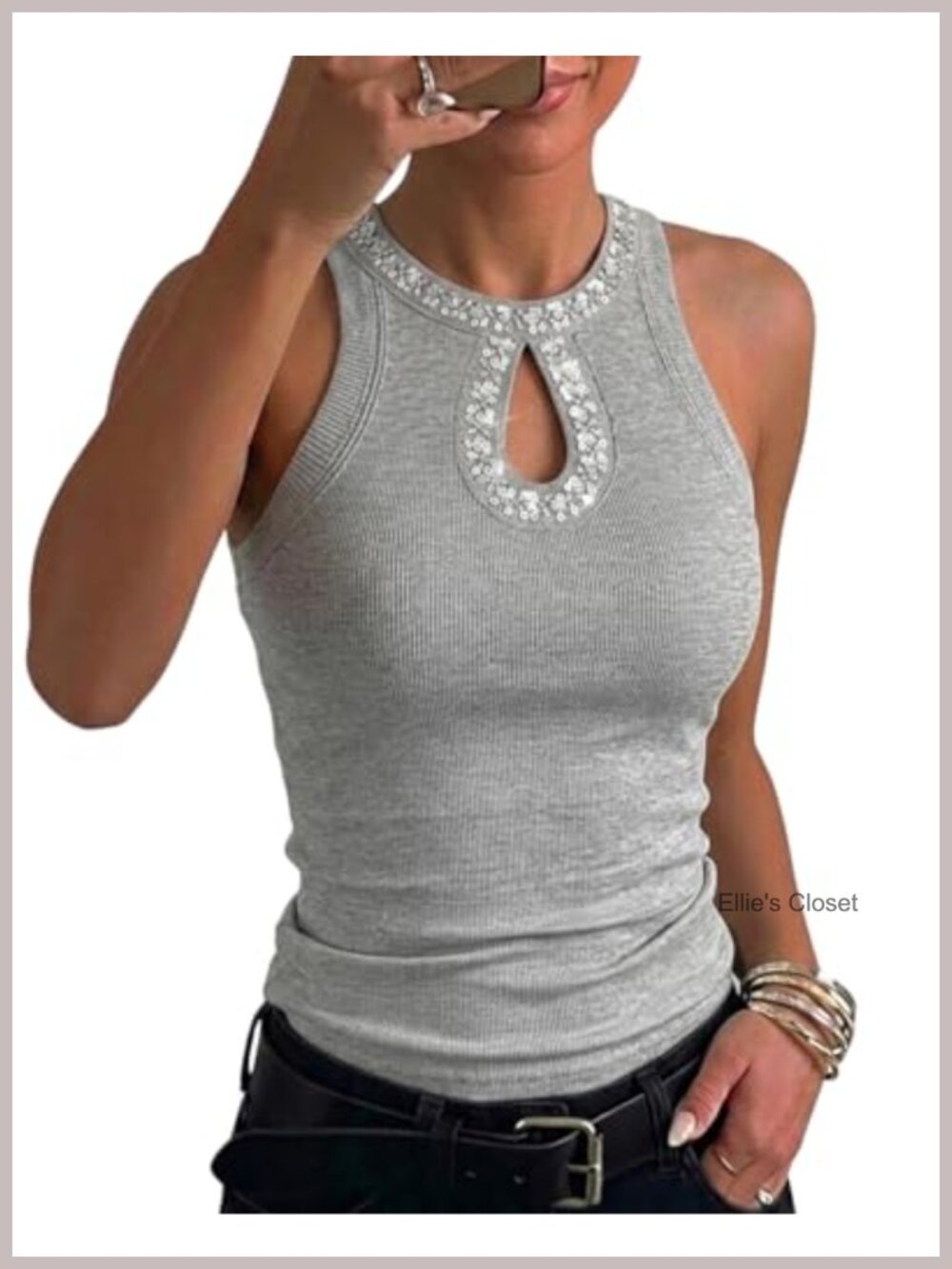 Women's Rhinestone Sequin Keyhole Tank Top Ribbed Stretch
